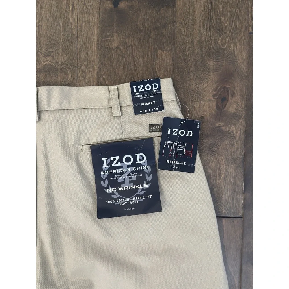 NWT Izod Mens Beige Flat Front American Chino Metrix Fit Pants Size 36X32 Cotton